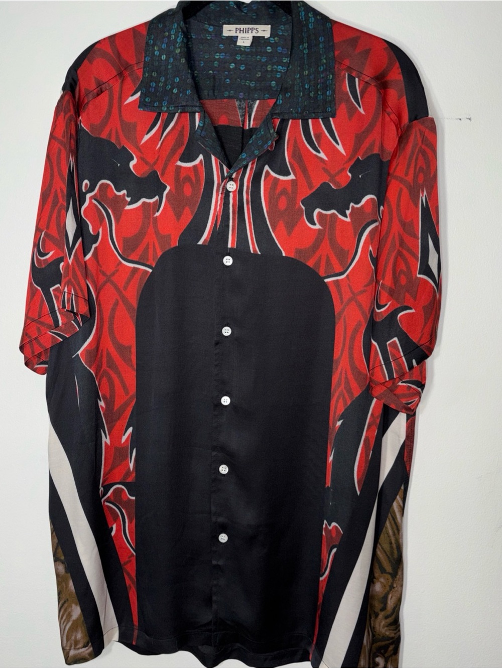 PHIPPS Dragon Warrior Bowling Red & Black Graphic Button-Up Shirt L